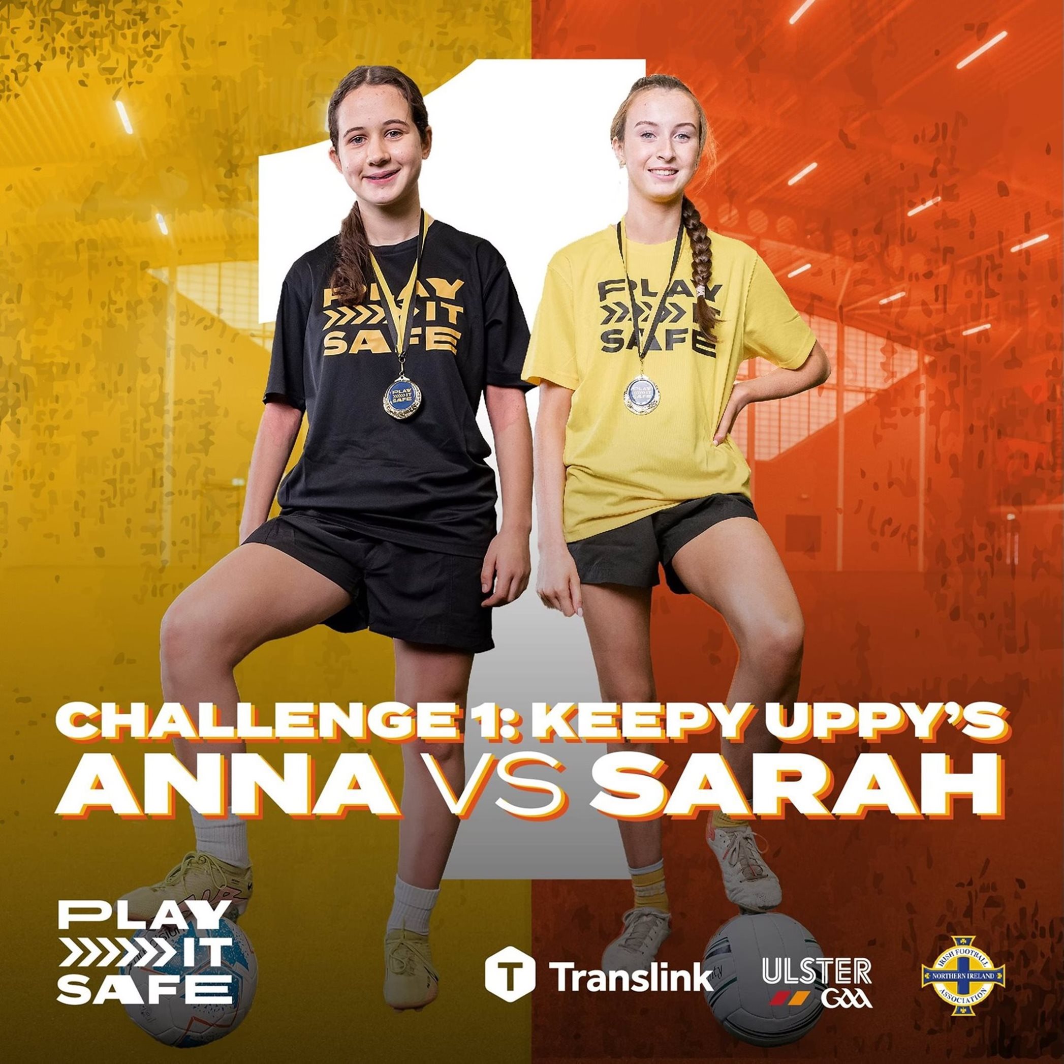 Two teenage girls in sports uniforms holding footballs