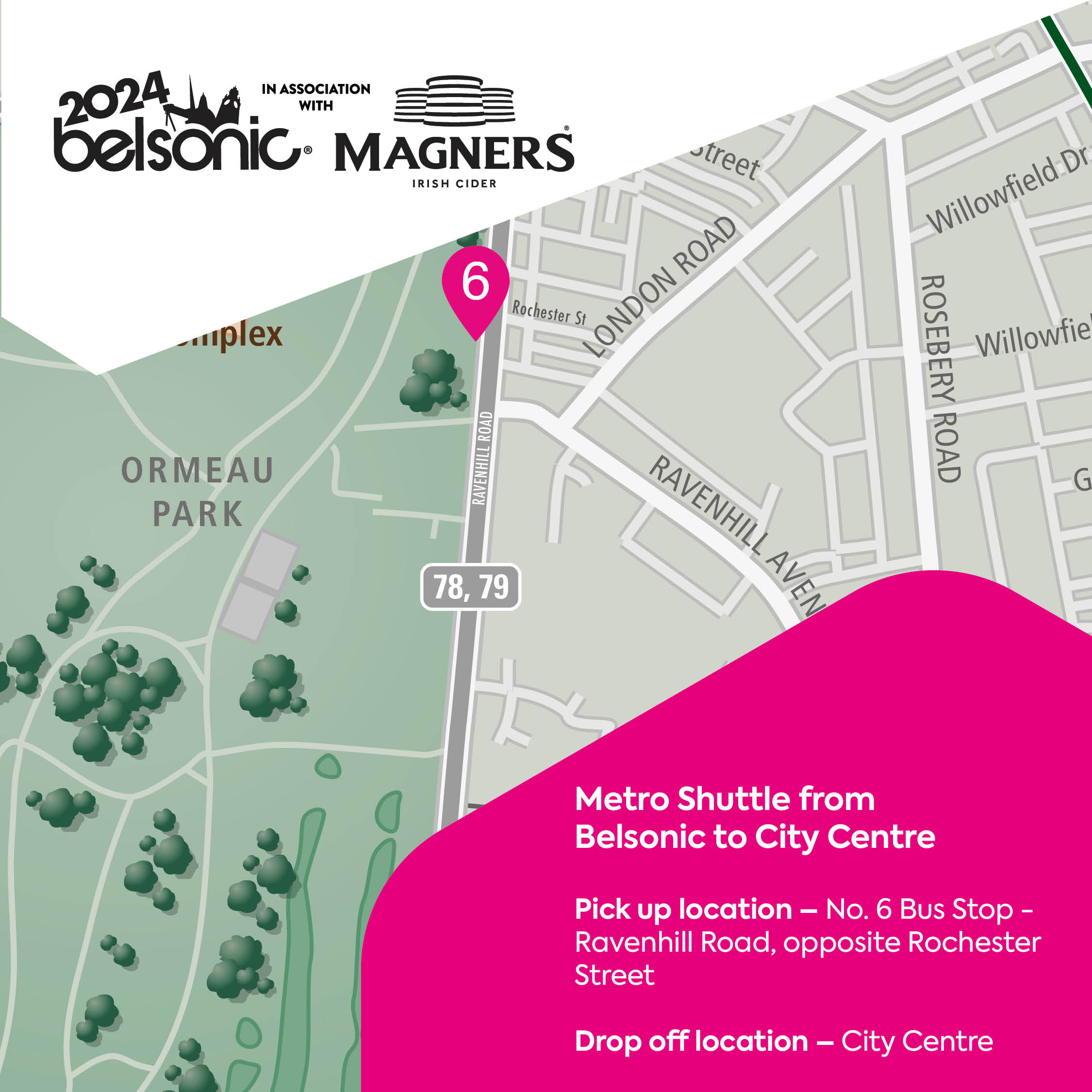 Map showing route from Belsonic back to transport