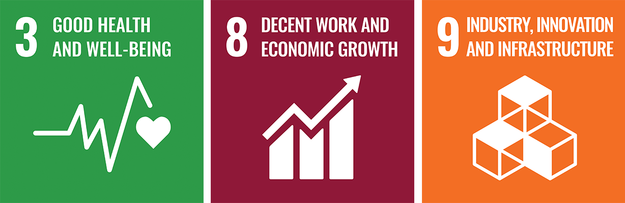 UN Sustainability Development Goals - Good Health and Well Being - Decent work and economic growth - industry, innovation and infrastructure