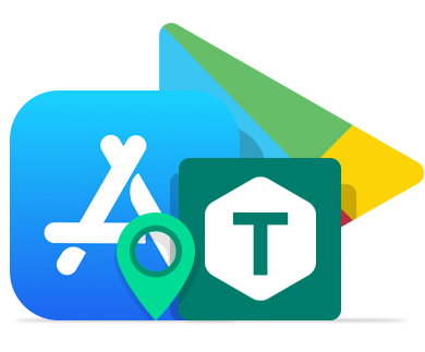 Icon of App Store, Google Play and journey planner app