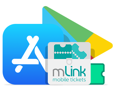 Icon of App Store, Google Play and mlink ticketing app