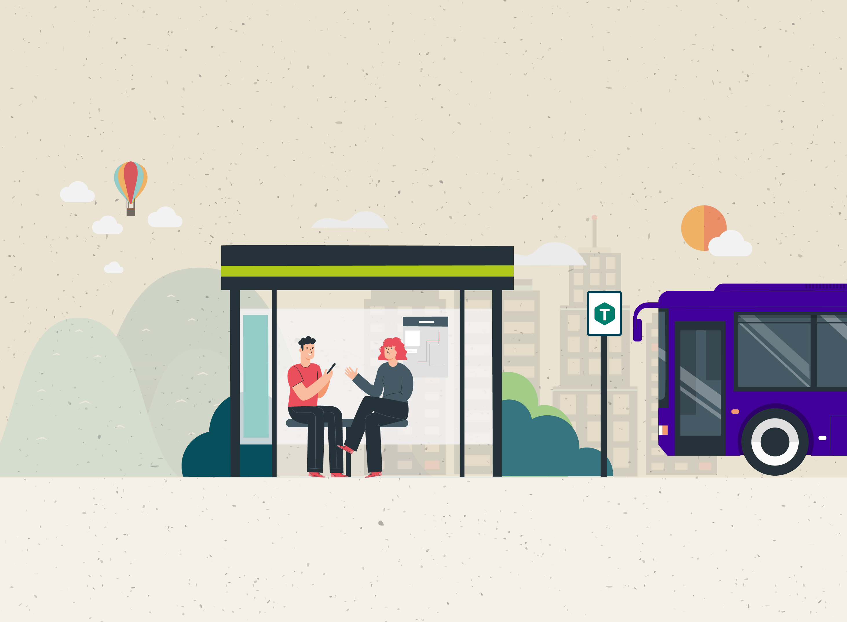 Graphic design showing two people at a bus stop