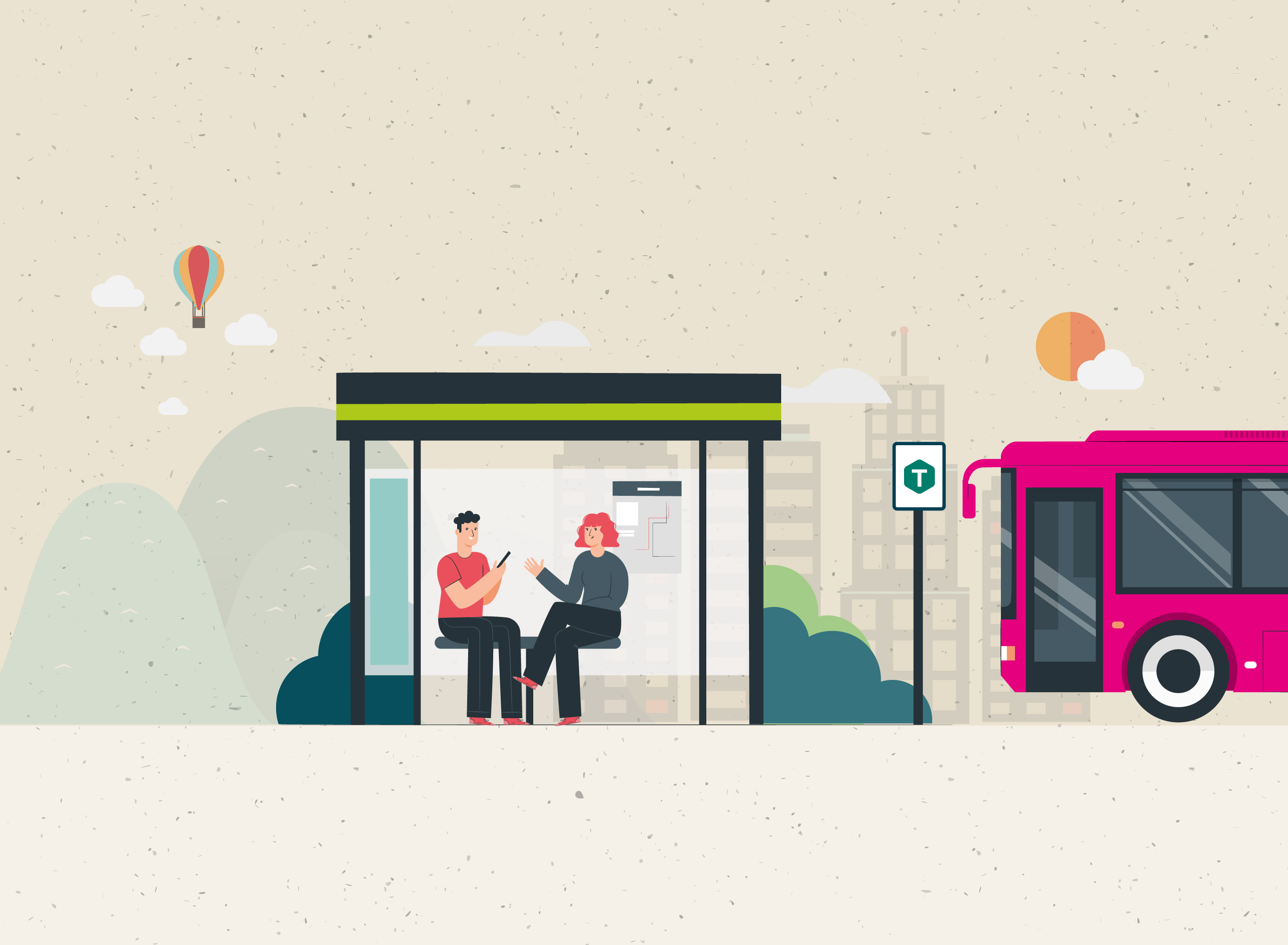 Graphic showing two people at a bus stop with a Metro bus